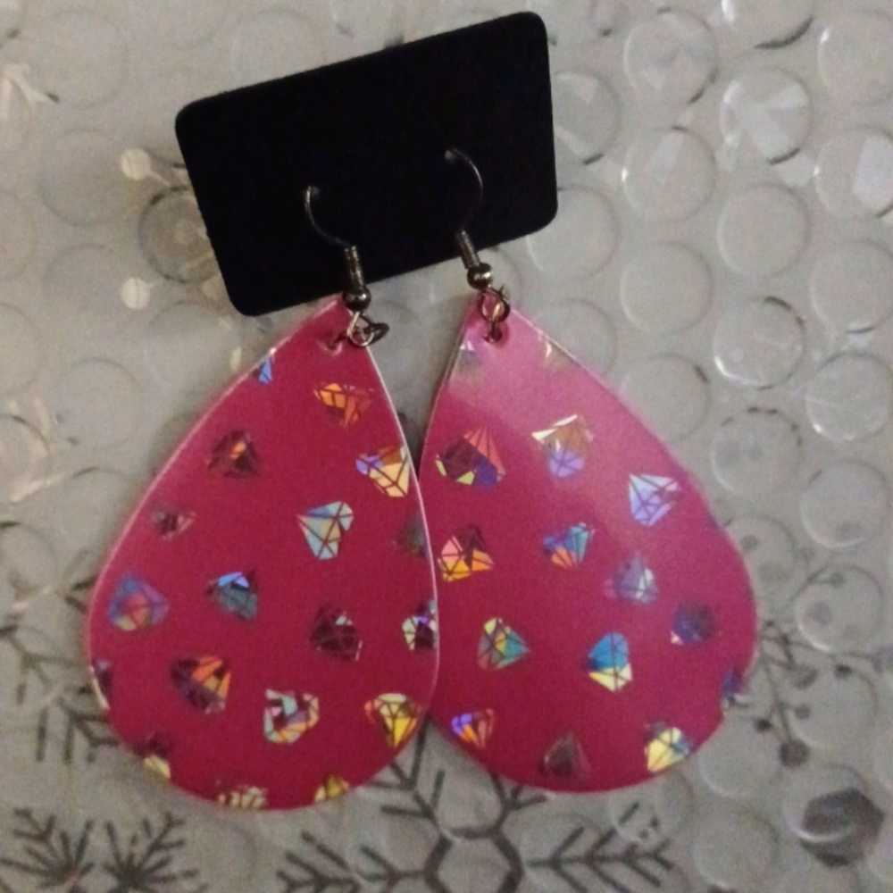 Hot pink and silver holographic diamond design earrings